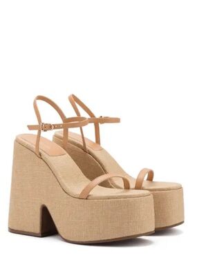 Larroude Beige Linen Platform Slingback Sandals